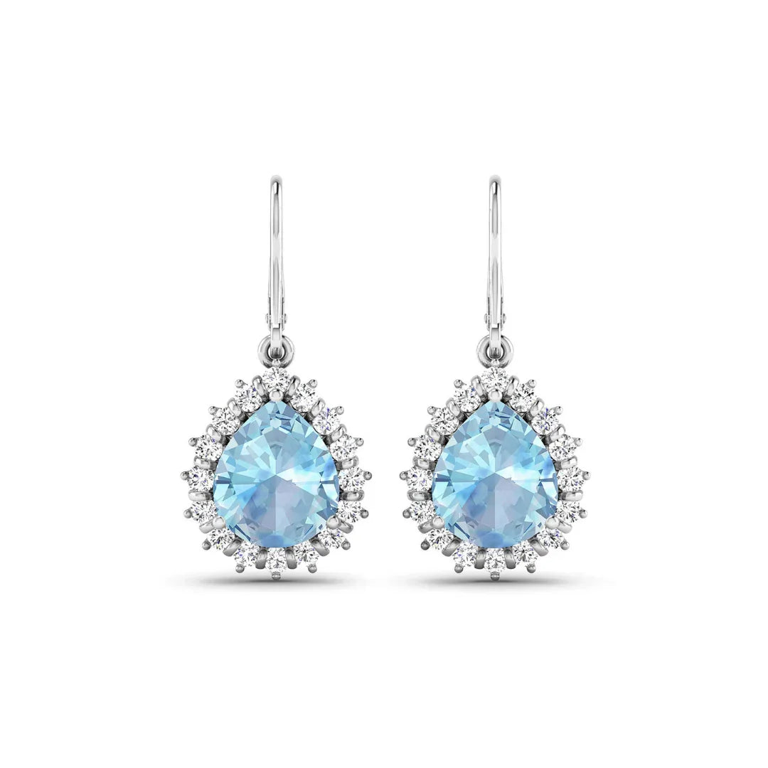 Genuine Aquamarine and Diamond Teardrop Halo Earrings