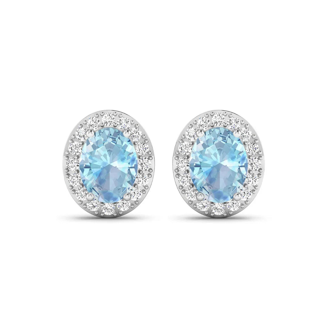 Genuine Aquamarine and Diamond Studs Earrings
