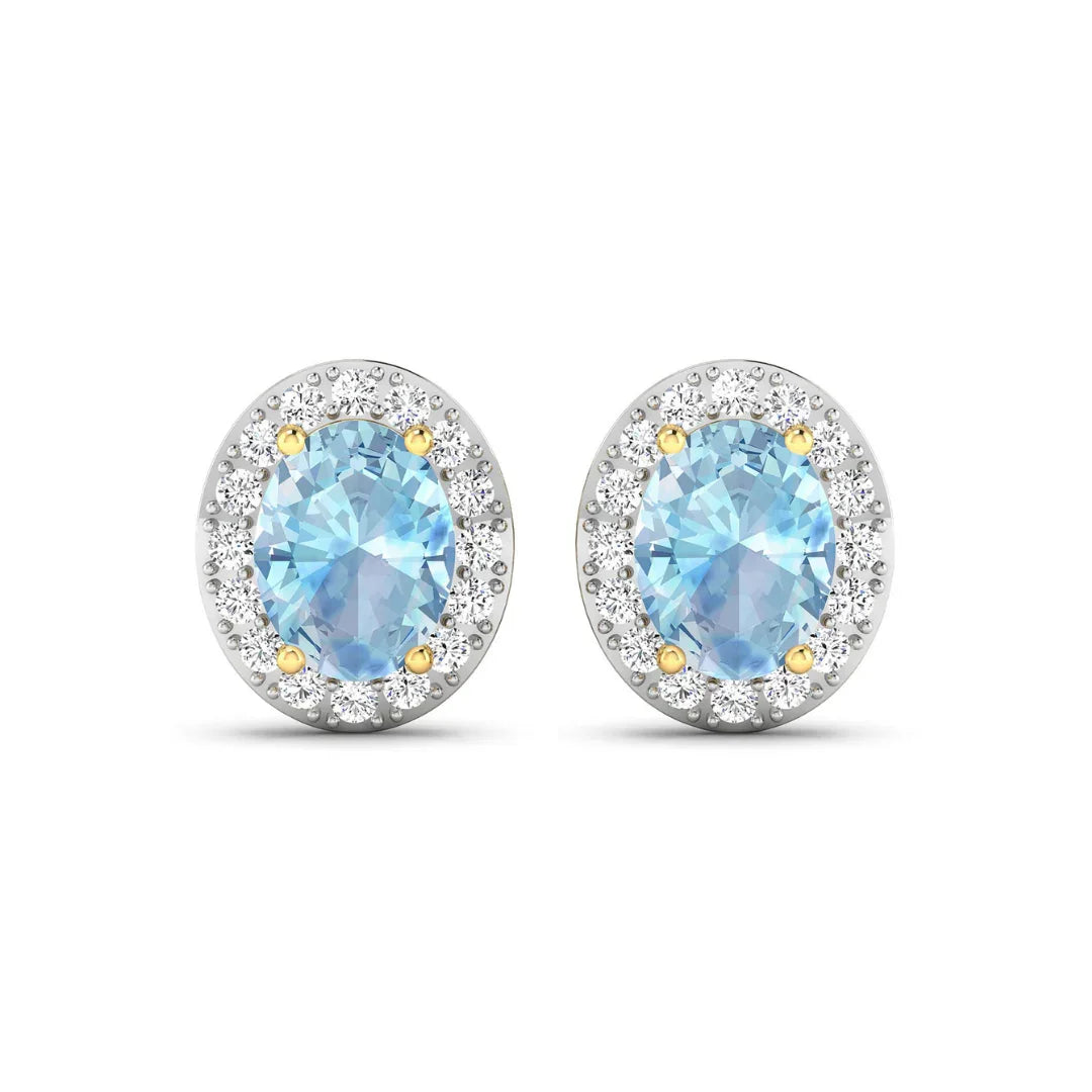 Genuine Aquamarine and Diamond Studs Earrings