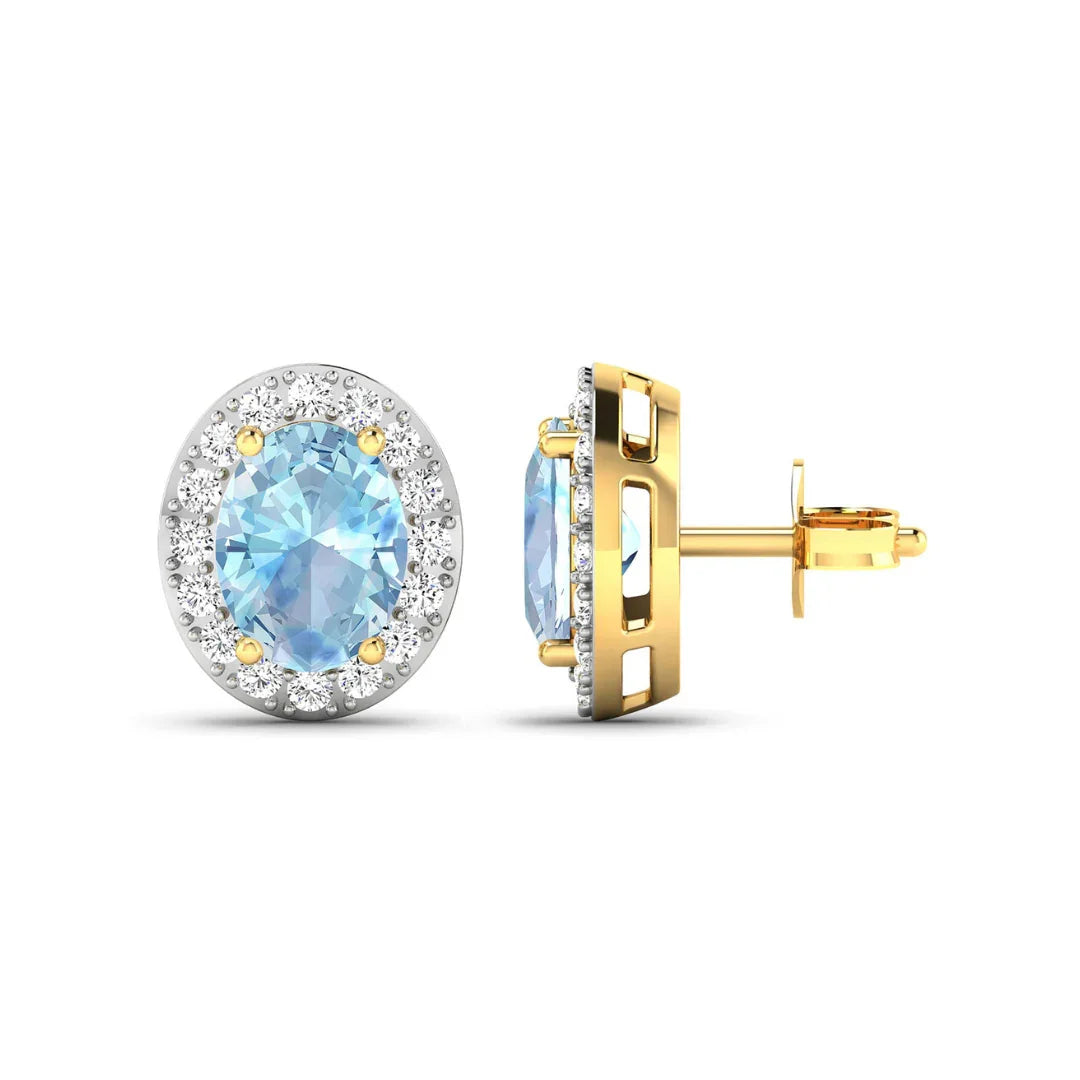 Genuine Aquamarine and Diamond Studs Earrings