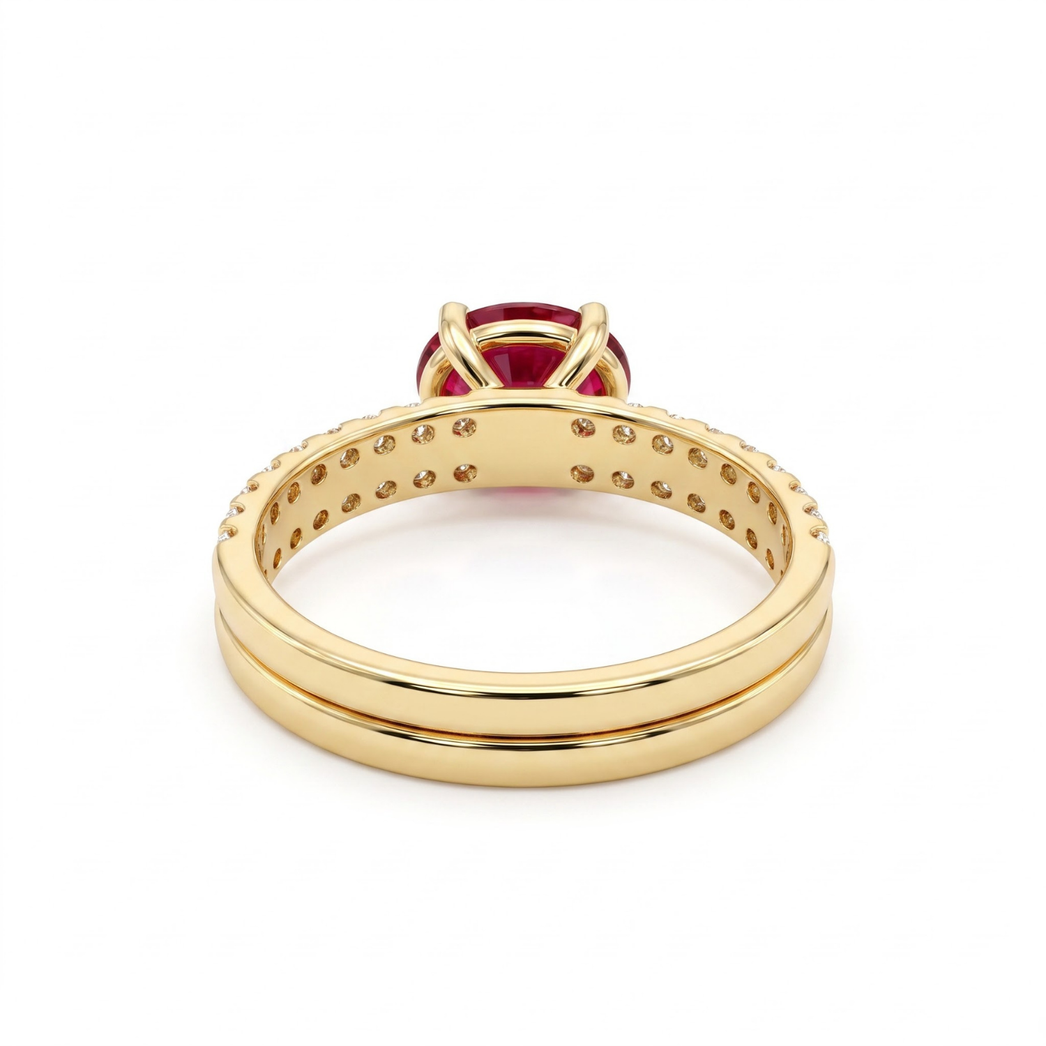1.46 CTTW Oval Gemstone Double Row Pave Band 14k Yellow Gold Engagement Ring