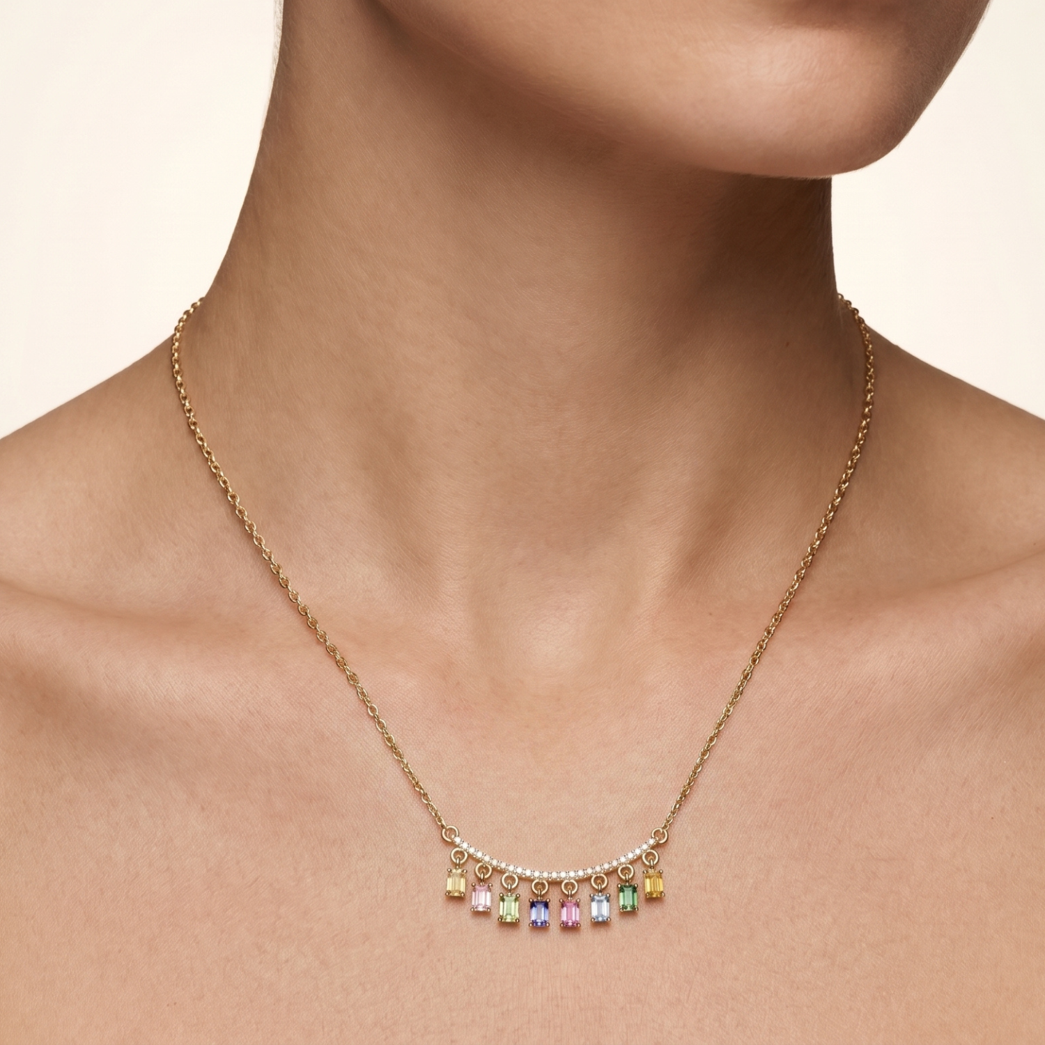 IGI Certified 0.78 Ct Baguette Multi Color Unheated Sapphire and Diamond 14K Yellow Gold Dangler Bar Necklace