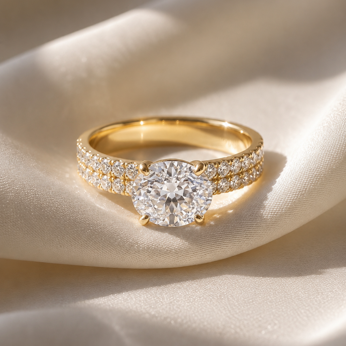 1.46 CTTW Oval Gemstone Double Row Pave Band 14k Yellow Gold Engagement Ring