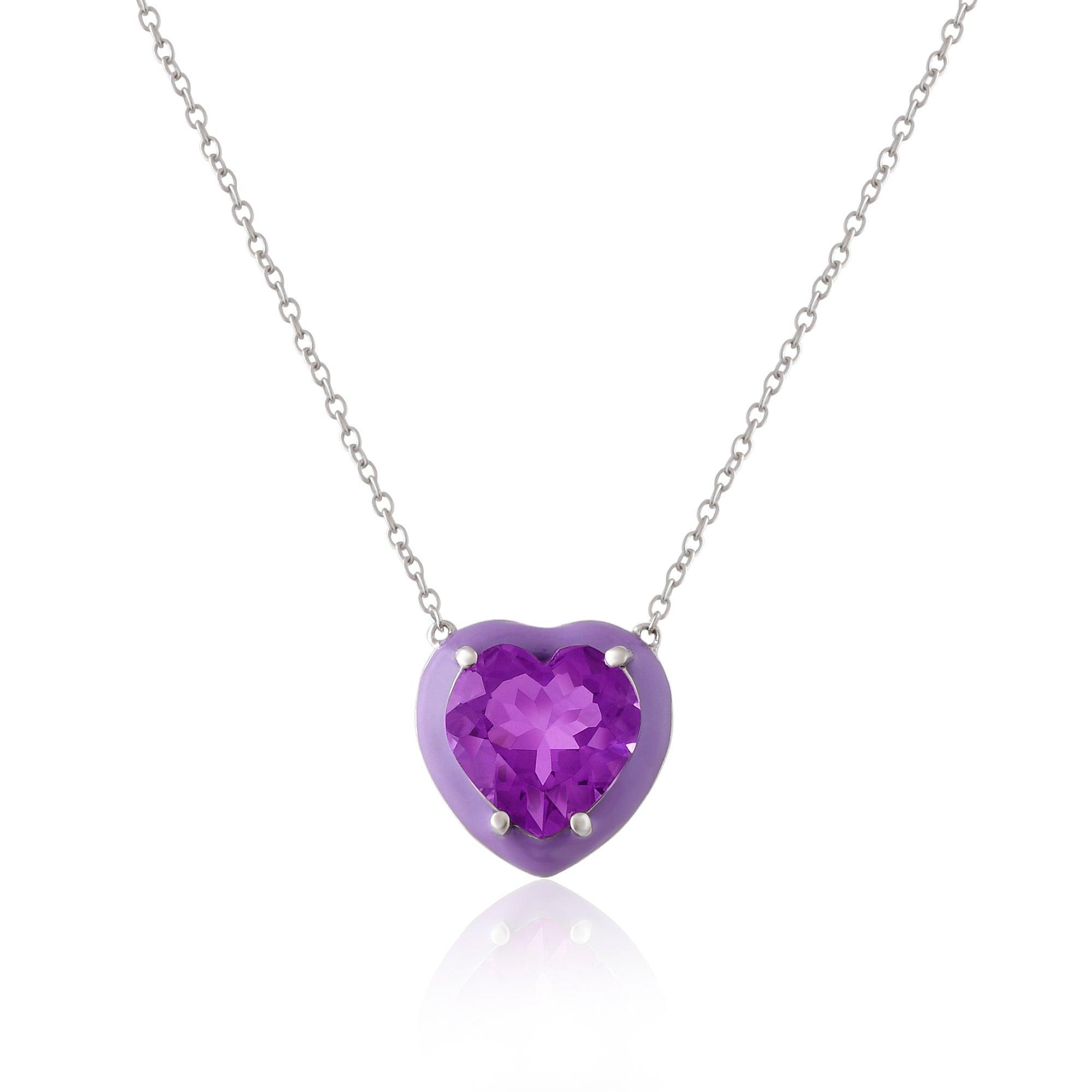 Amethyst Heart Necklace Enamel Bezel Natural Amethyst 2.8 Ct Heart Pendant Necklace - FineColorJewels