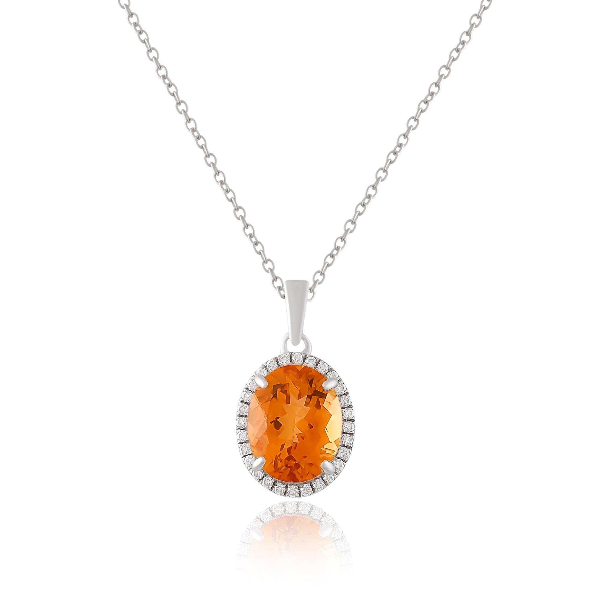 Natural Citrine Pendant Necklace with Round Moissanite Accents Oval Citrine Halo Pendant Natural Citrine Pendant Necklace - FineColorJewels