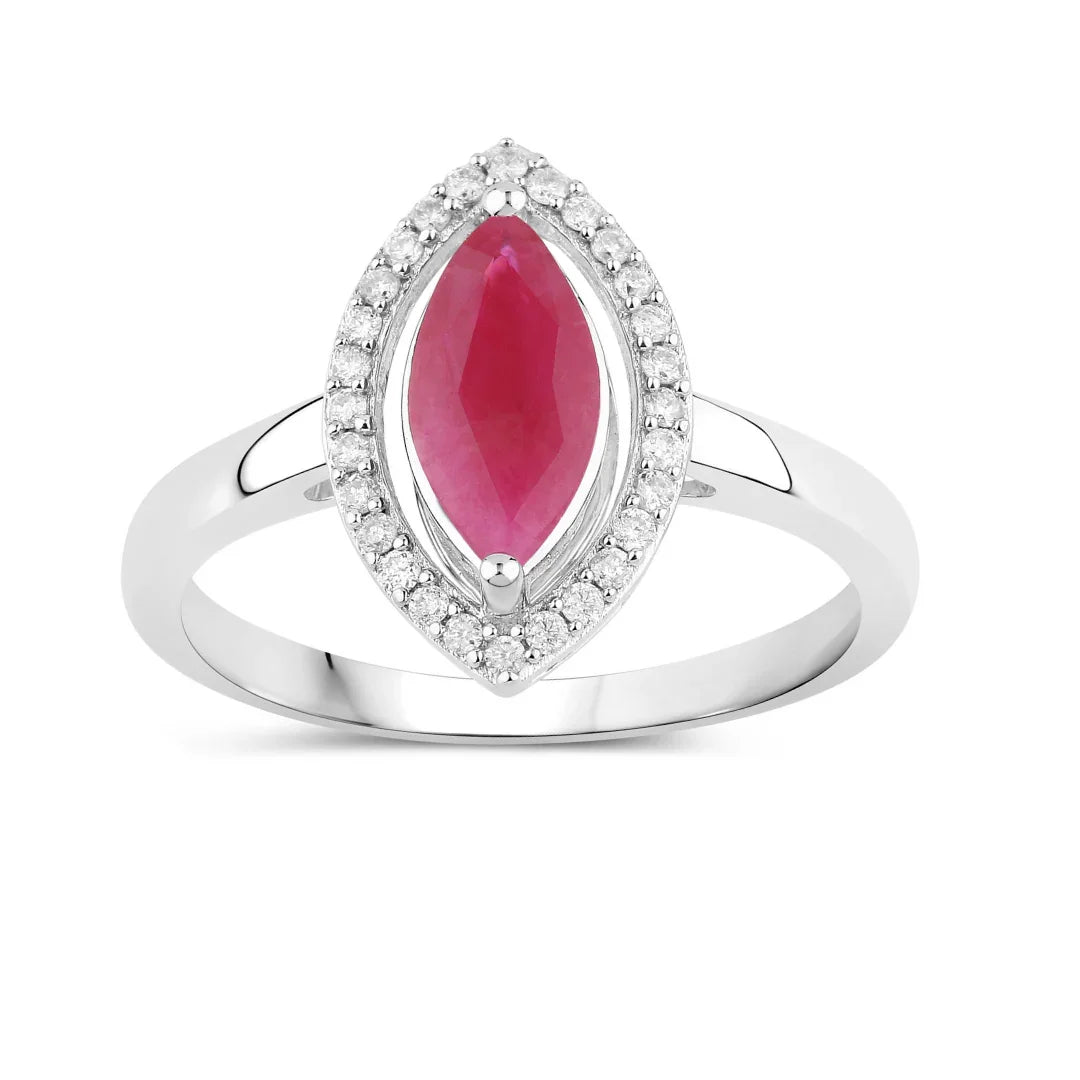 Genuine 10K Ruby White Diamond Halo Ring