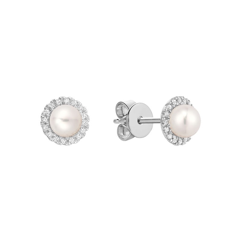 Mini Pearl and Diamond Halo Stud Earrings 10k Gold