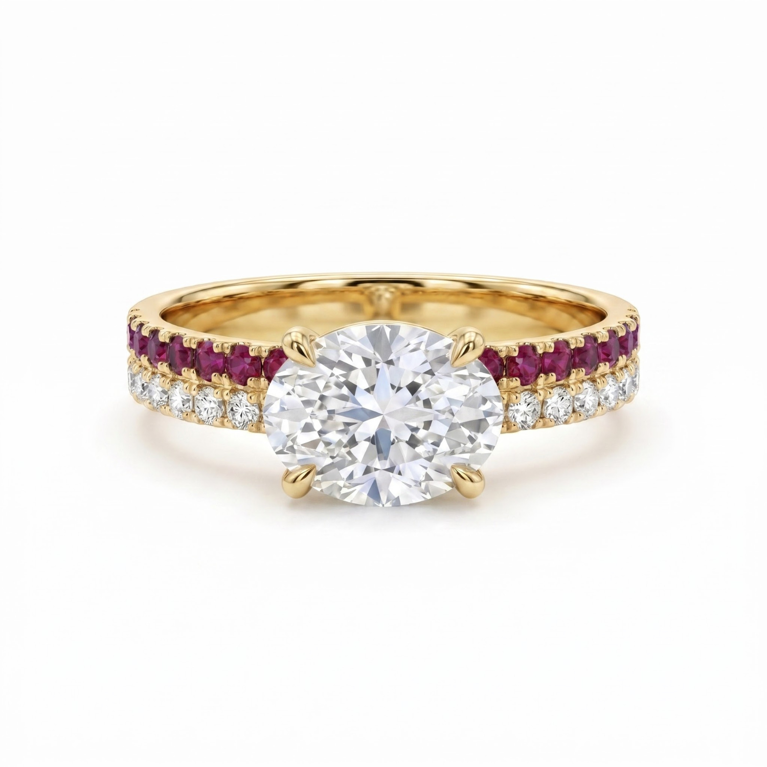 1.46 CTTW Oval Lab Grown Diamond Double Row Pave Band 14k Yellow Gold Engagement Ring