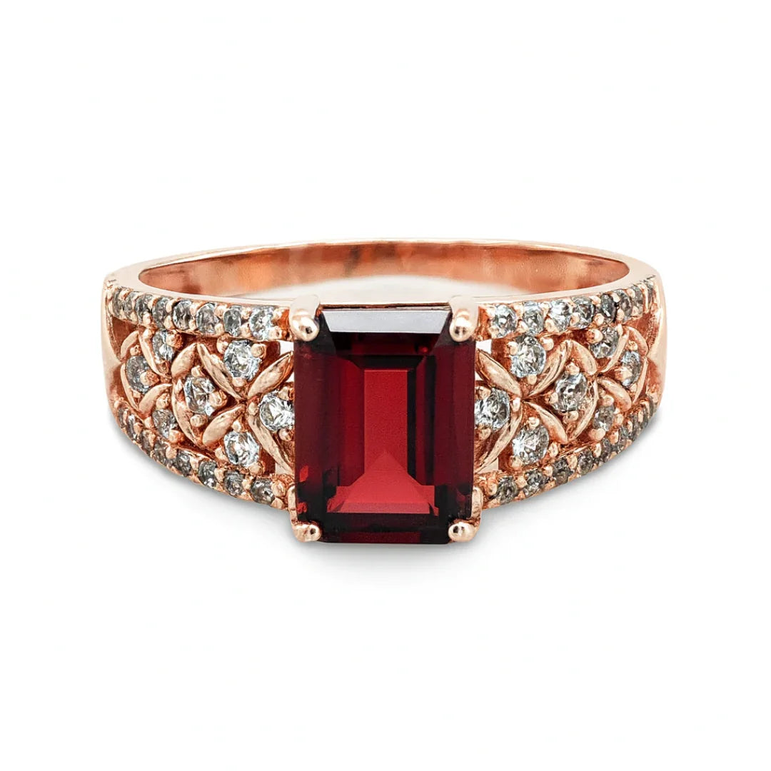 Emerald Cut Garnet and White Topaz Silver Ring
