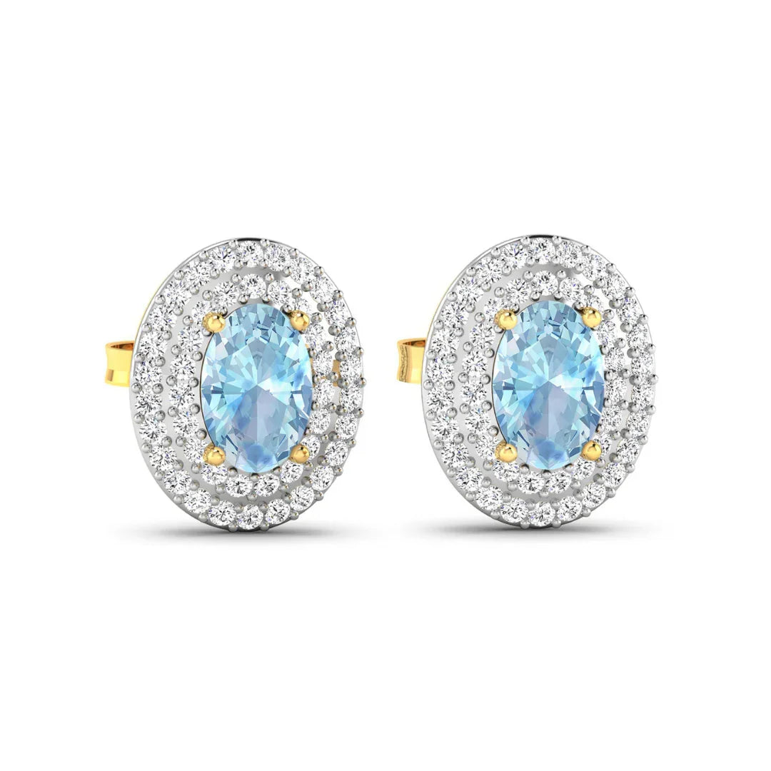 Genuine Aquamarine and Diamond Halo Stud Earrings