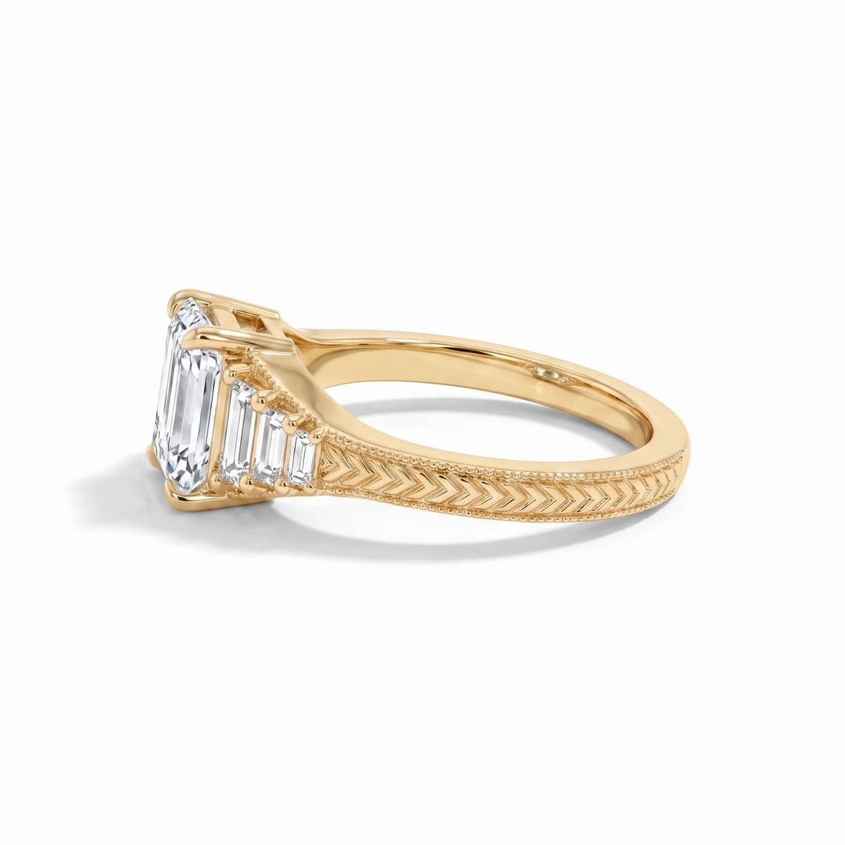 Octagon Sapphire, Emerald, Ruby and Lab Diamond 14K Yellow Gold Tapered Band Engagement Ring