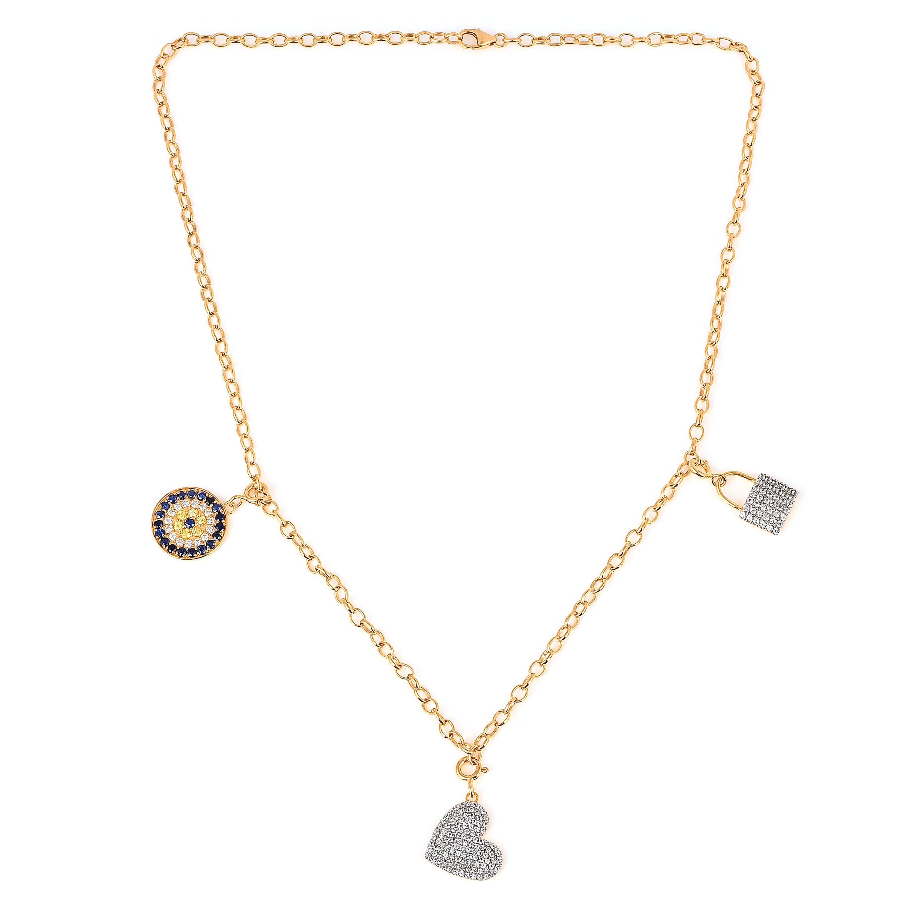 18K Yellow Gold Over Silver Cluster Heart Charm Necklace For Her