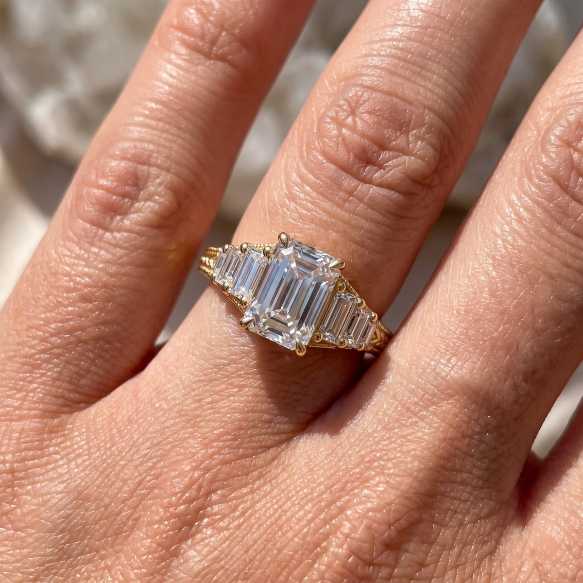 Octagon Sapphire, Emerald, Ruby and Lab Diamond 14K Yellow Gold Tapered Band Engagement Ring