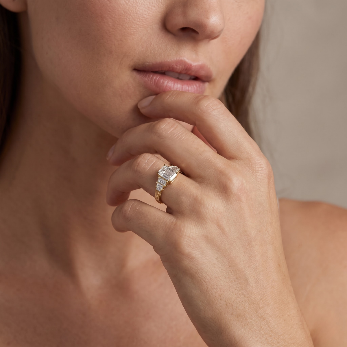 Octagon Sapphire, Emerald, Ruby and Lab Diamond 14K Yellow Gold Tapered Band Engagement Ring