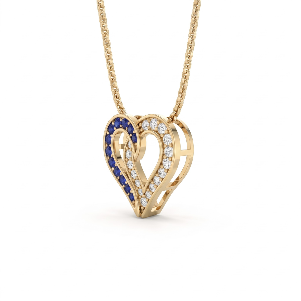 0.64 Cttw Round Blue Sapphire and Lab Grown Diamond 14K Gold Pave Open Heart Pendant Necklace