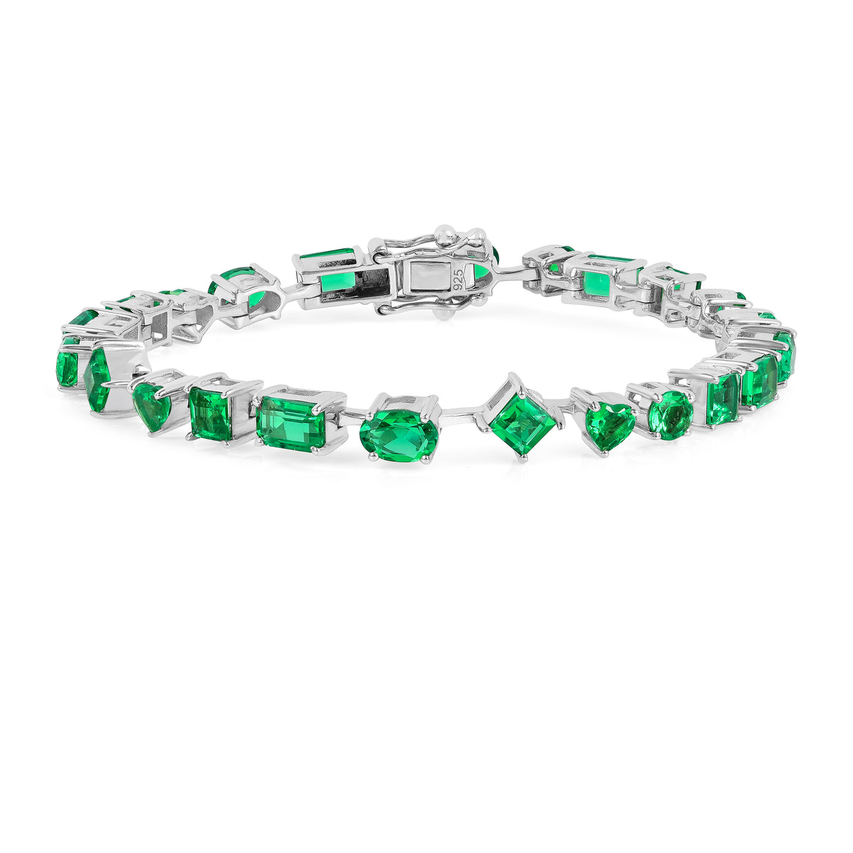 9.29 Ct Multi-Shape Green Created Colombian Emerald Rhodium-Plated Sterling Silver Multi-Stone Bracelet