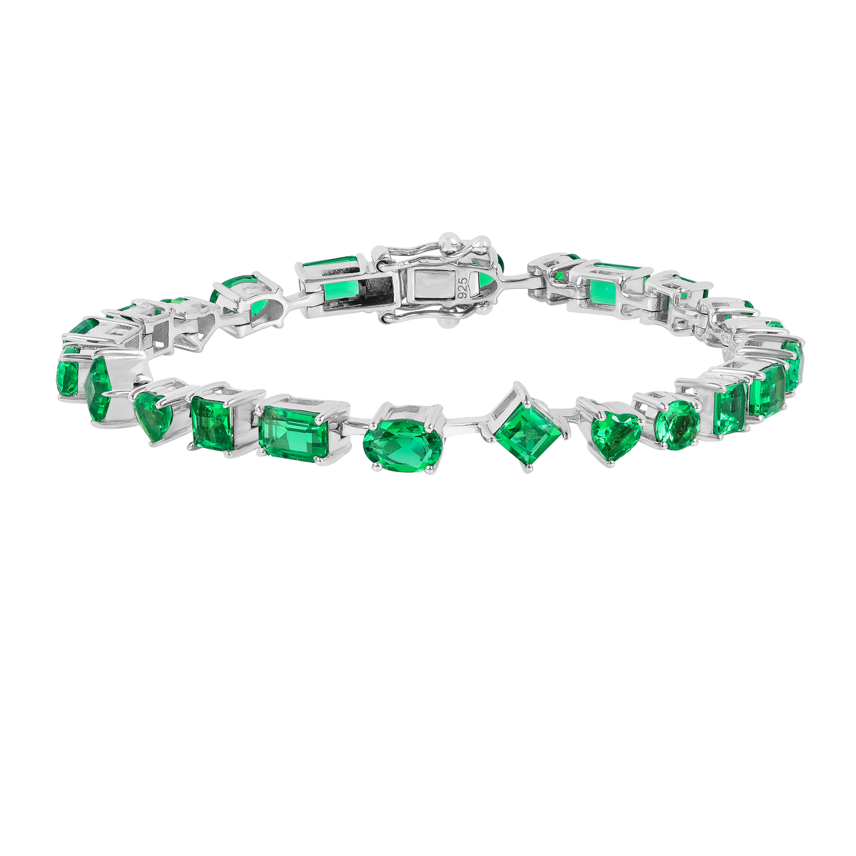 9.29 Ct Multi-Shape Green Created Colombian Emerald Rhodium-Plated Sterling Silver Multi-Stone Bracelet