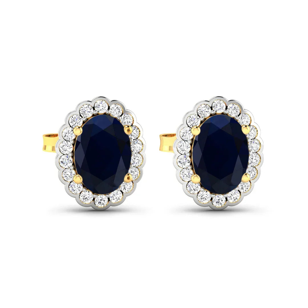 Genuine Diamond and Blue Sapphire Halo Earrings
