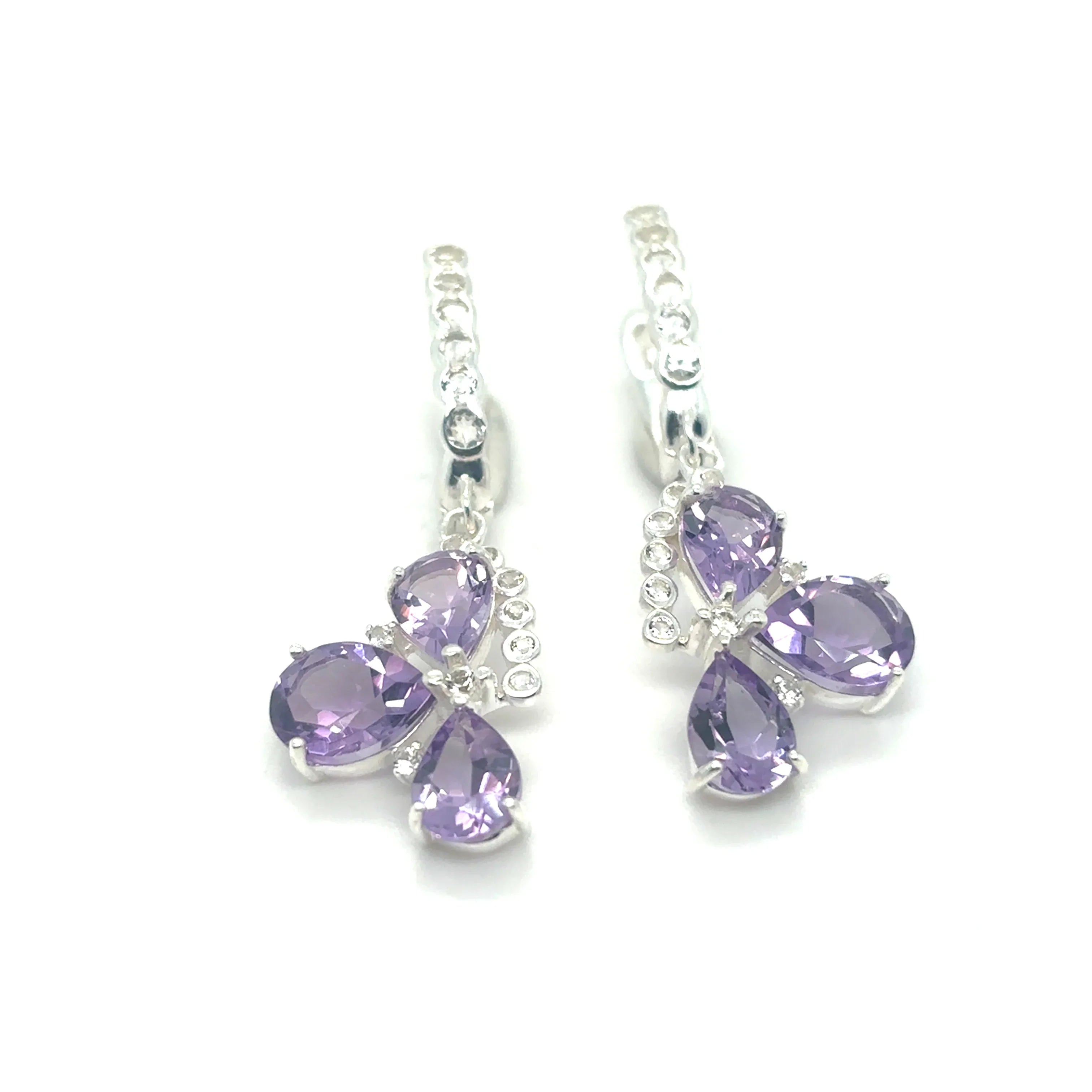 Natural Amethyst Three Stone Silver Dangle Earrings