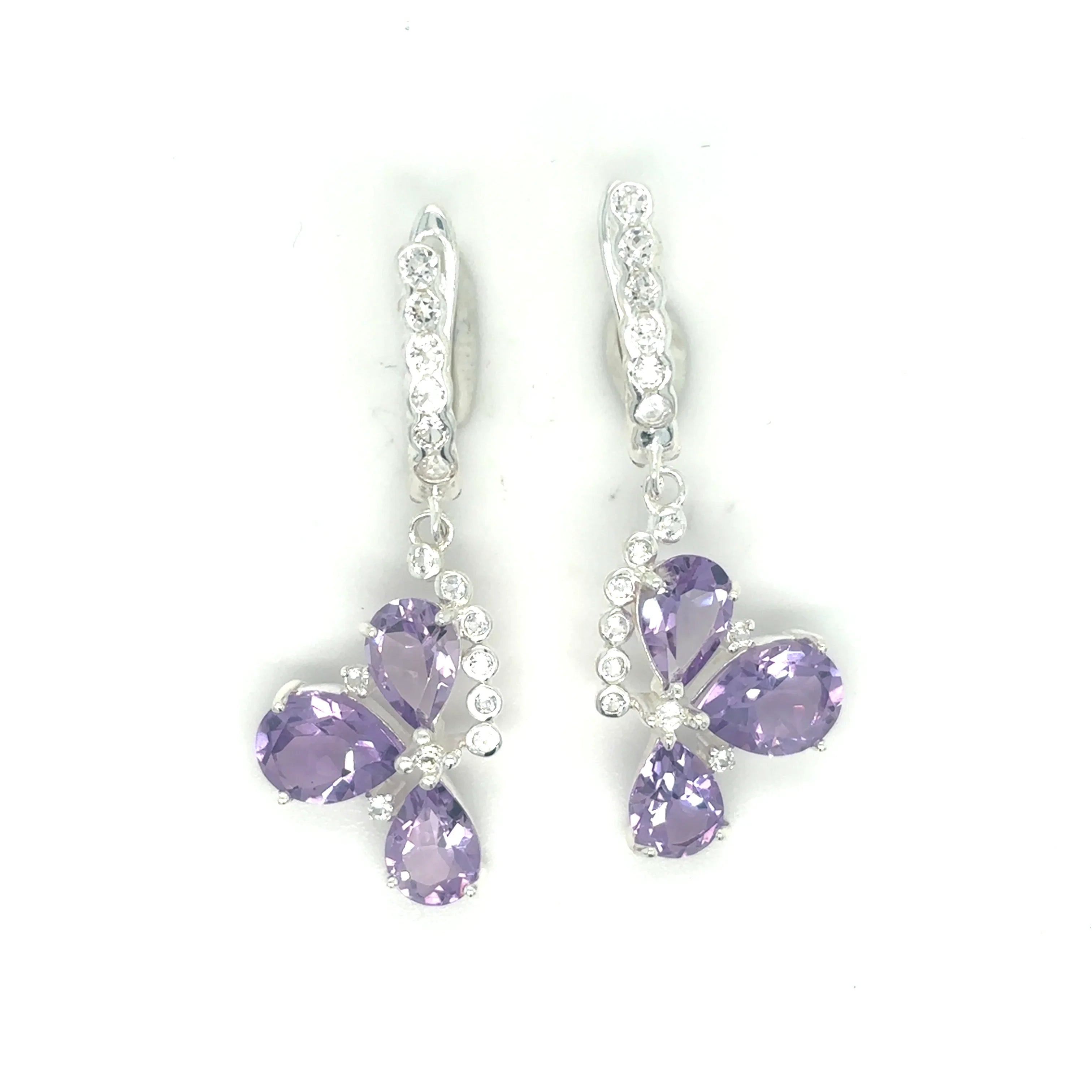 Natural Amethyst Three Stone Silver Dangle Earrings