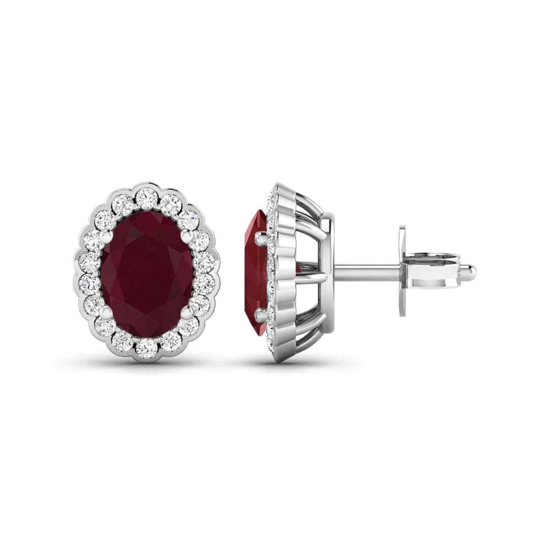 Genuine Diamond and Ruby Halo Earrings