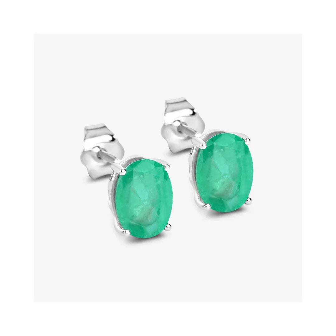 Genuine Green Zambian Emerald Oval Stud Earrings