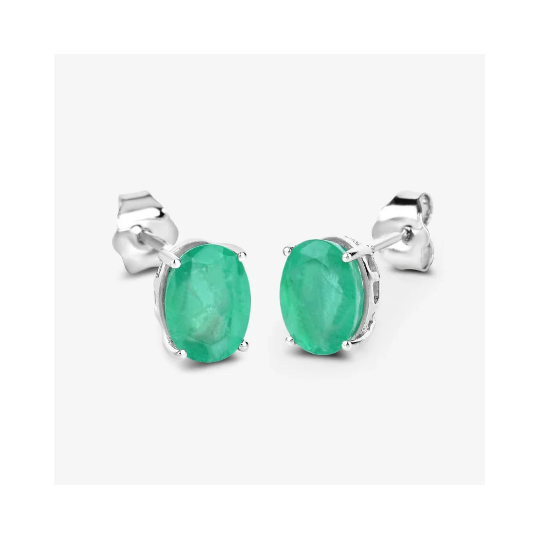 Genuine Green Zambian Emerald Oval Stud Earrings