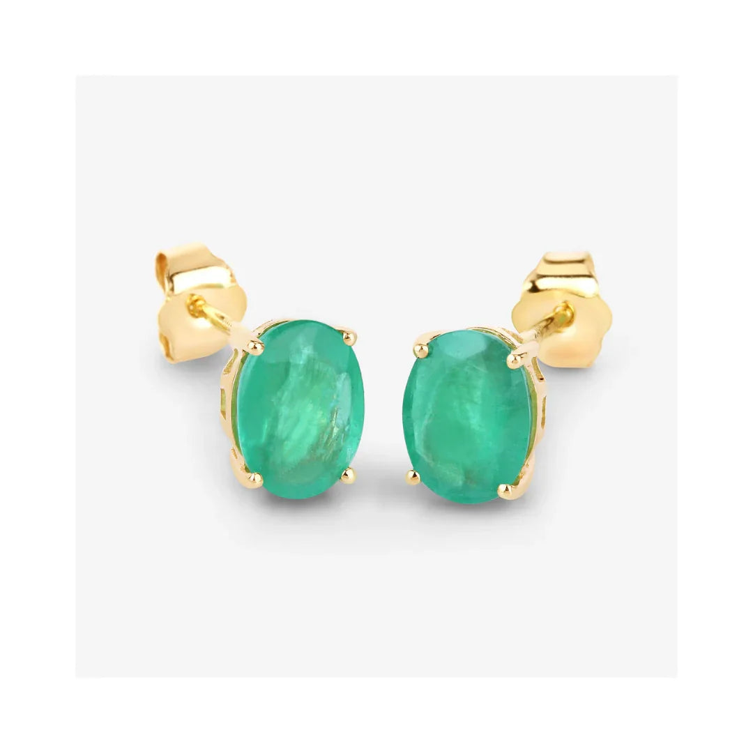 Genuine Green Zambian Emerald Oval Stud Earrings