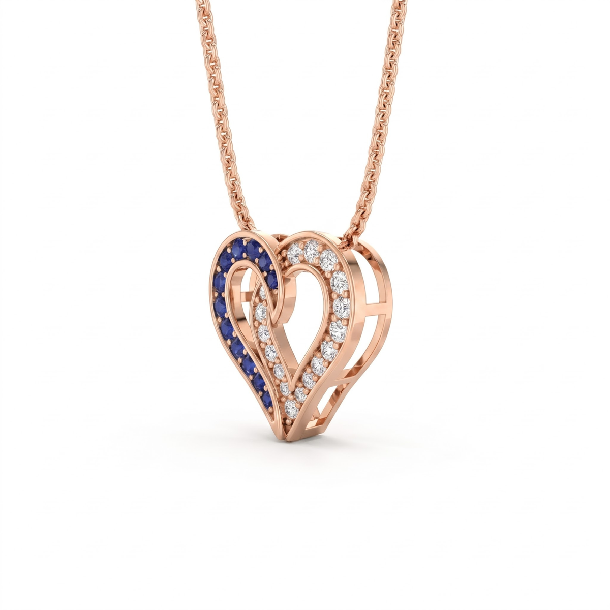 0.64 Cttw Round Blue Sapphire and Lab Grown Diamond 14K Gold Pave Open Heart Pendant Necklace