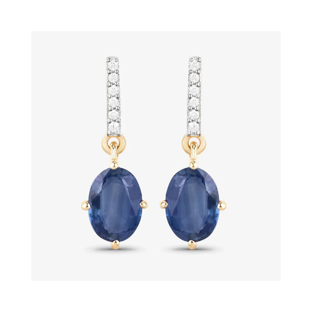 Genuine Blue Sapphire and Diamond 10K Gold Earrings