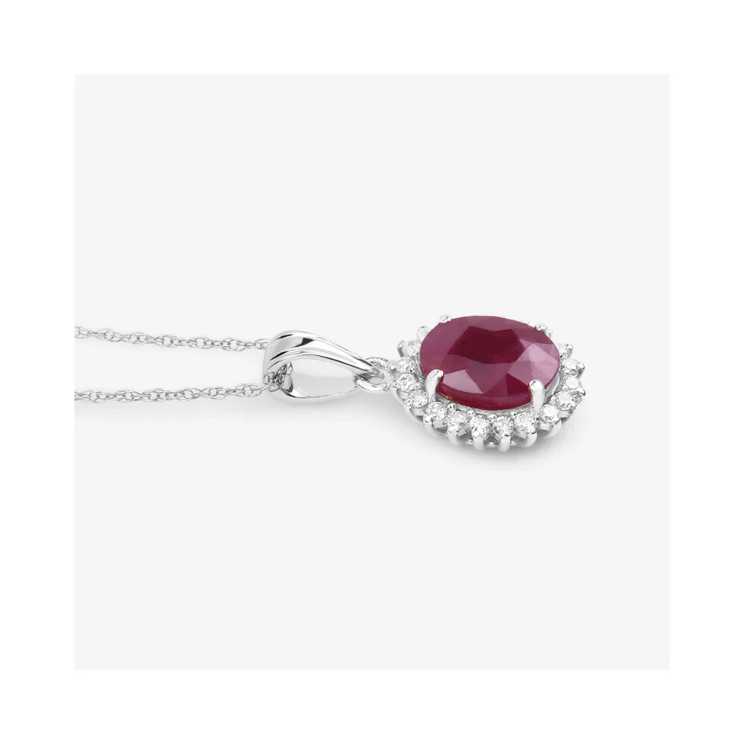 Genuine 10K Ruby and White Diamond Halo Pendant
