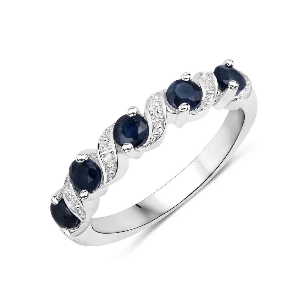 Genuine Blue Sapphire Silver Five Stone Ring