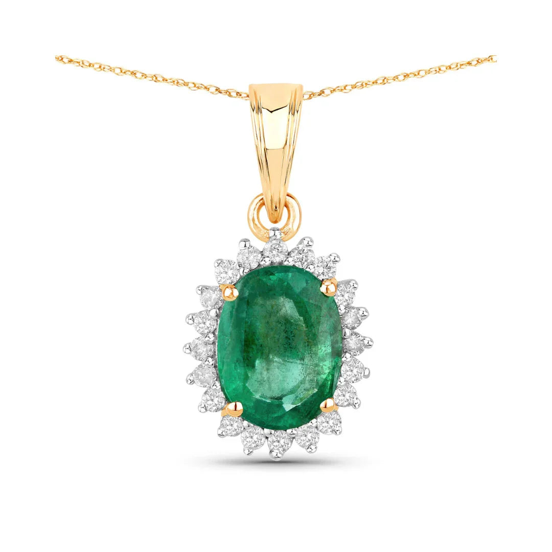 Genuine 10K Zambian Emerald and Diamond Pendant Halo