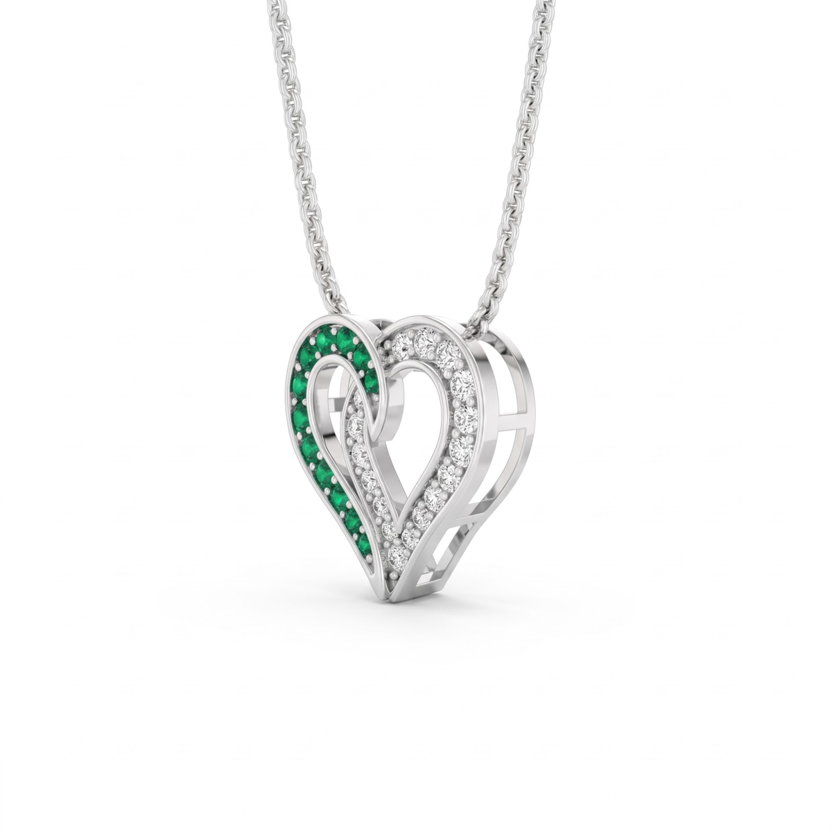 0.64 Cttw Round Green Emerald and Lab Grown Diamond 14K Gold Pave Open Heart Pendant Necklace