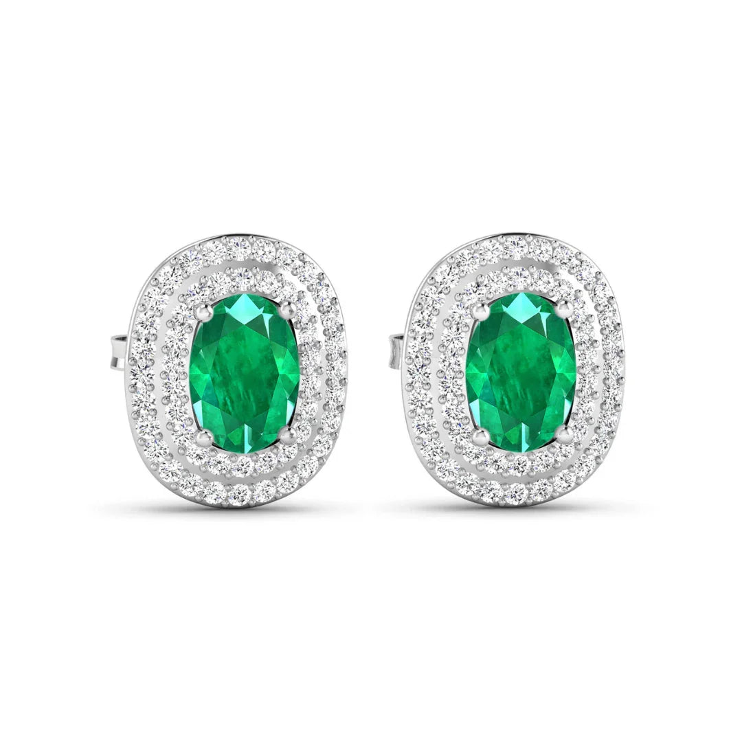 Genuine Diamond and Zambian Emerald 14k Gold Studs