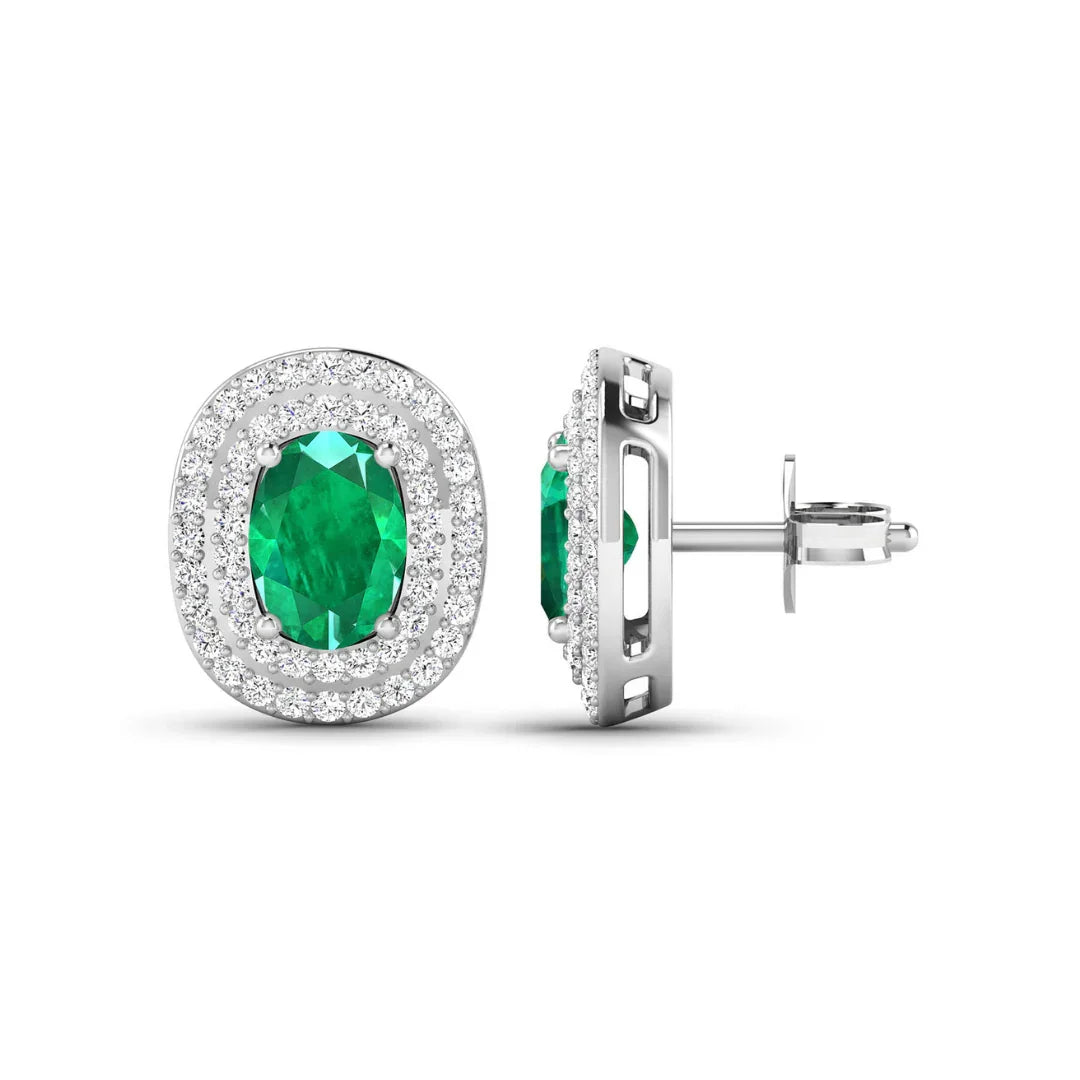 Genuine Diamond and Zambian Emerald 14k Gold Studs