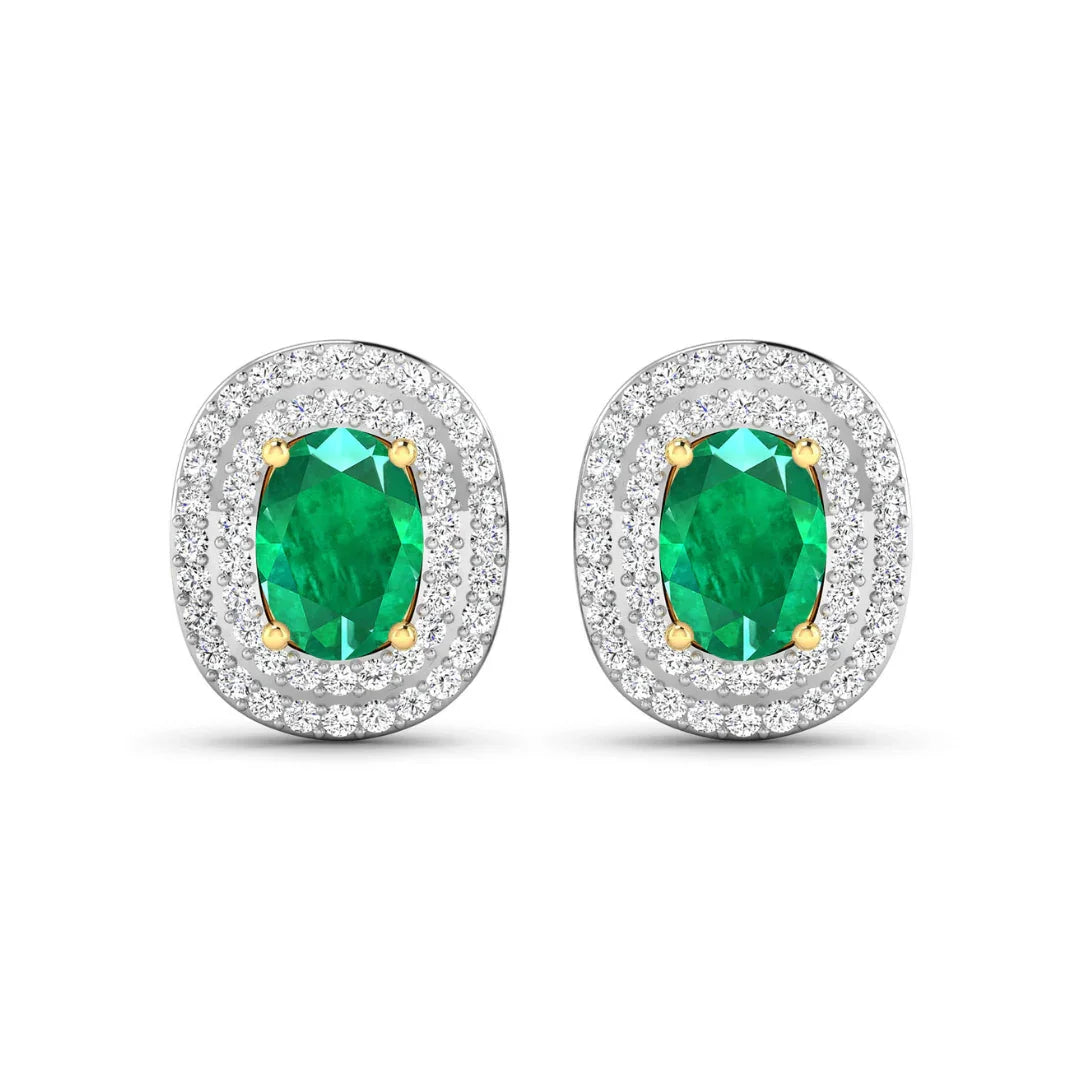 Genuine Diamond and Zambian Emerald 14k Gold Studs