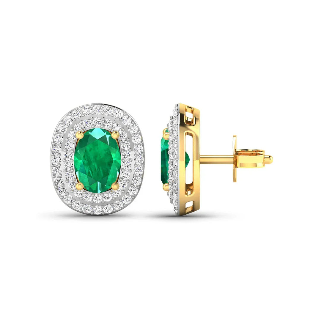 Genuine Diamond and Zambian Emerald 14k Gold Studs