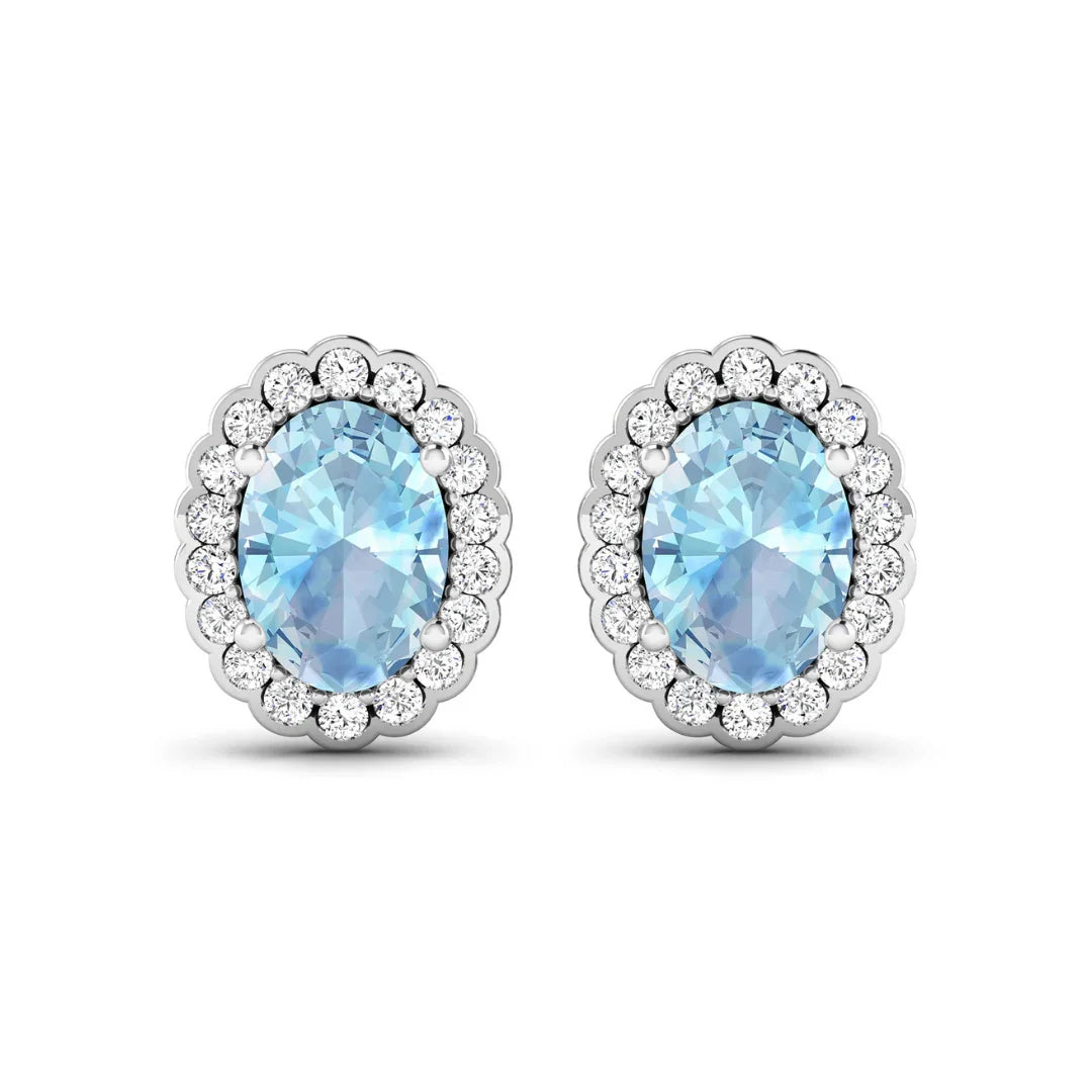 Genuine Aquamarine Diamond Oval Stud Earrings
