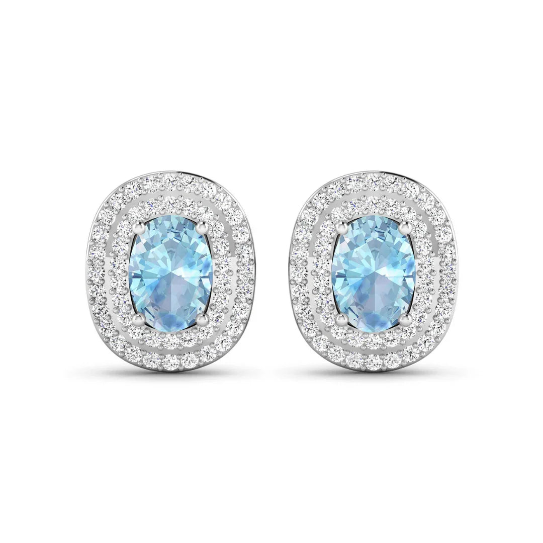Genuine Diamond and Aquamarine Oval Stud Earrings