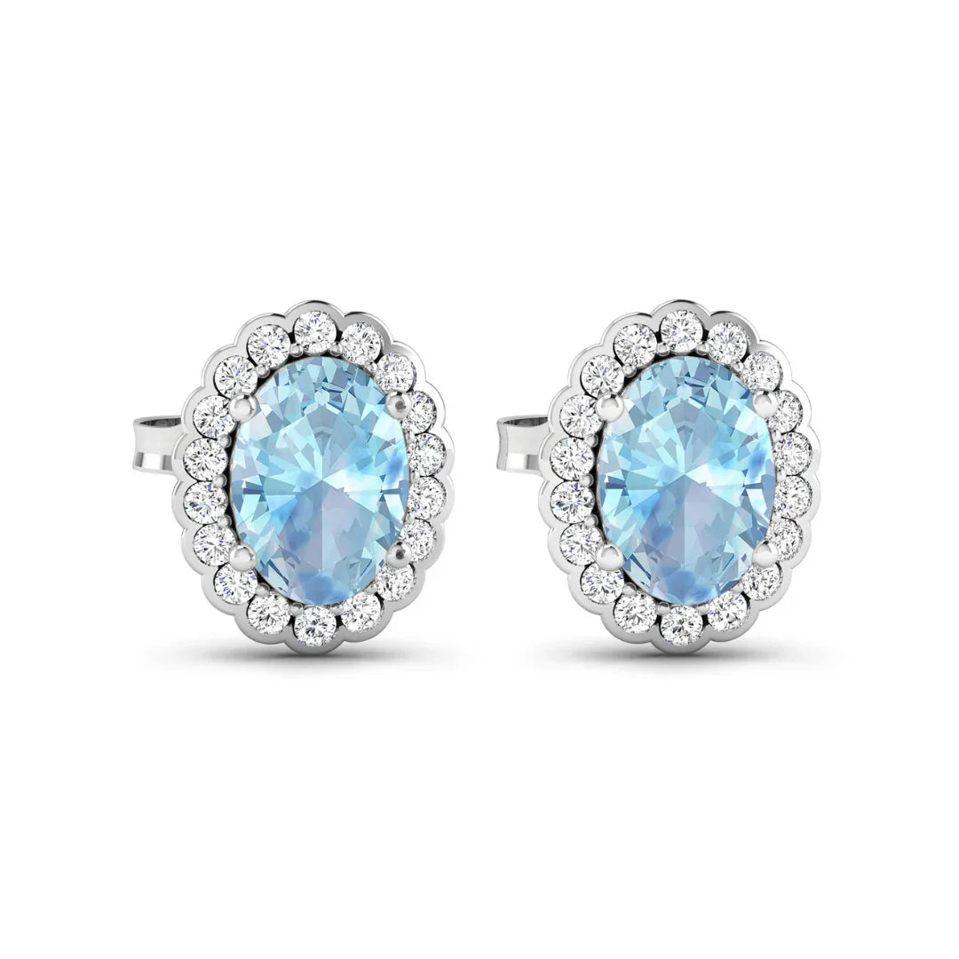 Genuine Aquamarine Diamond Oval Stud Earrings