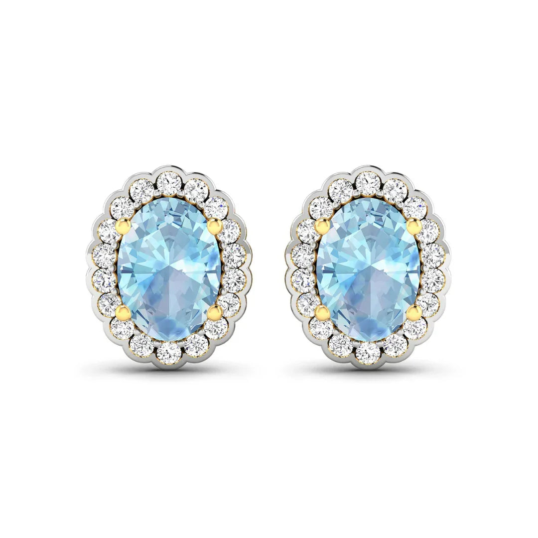Genuine Aquamarine Diamond Oval Stud Earrings