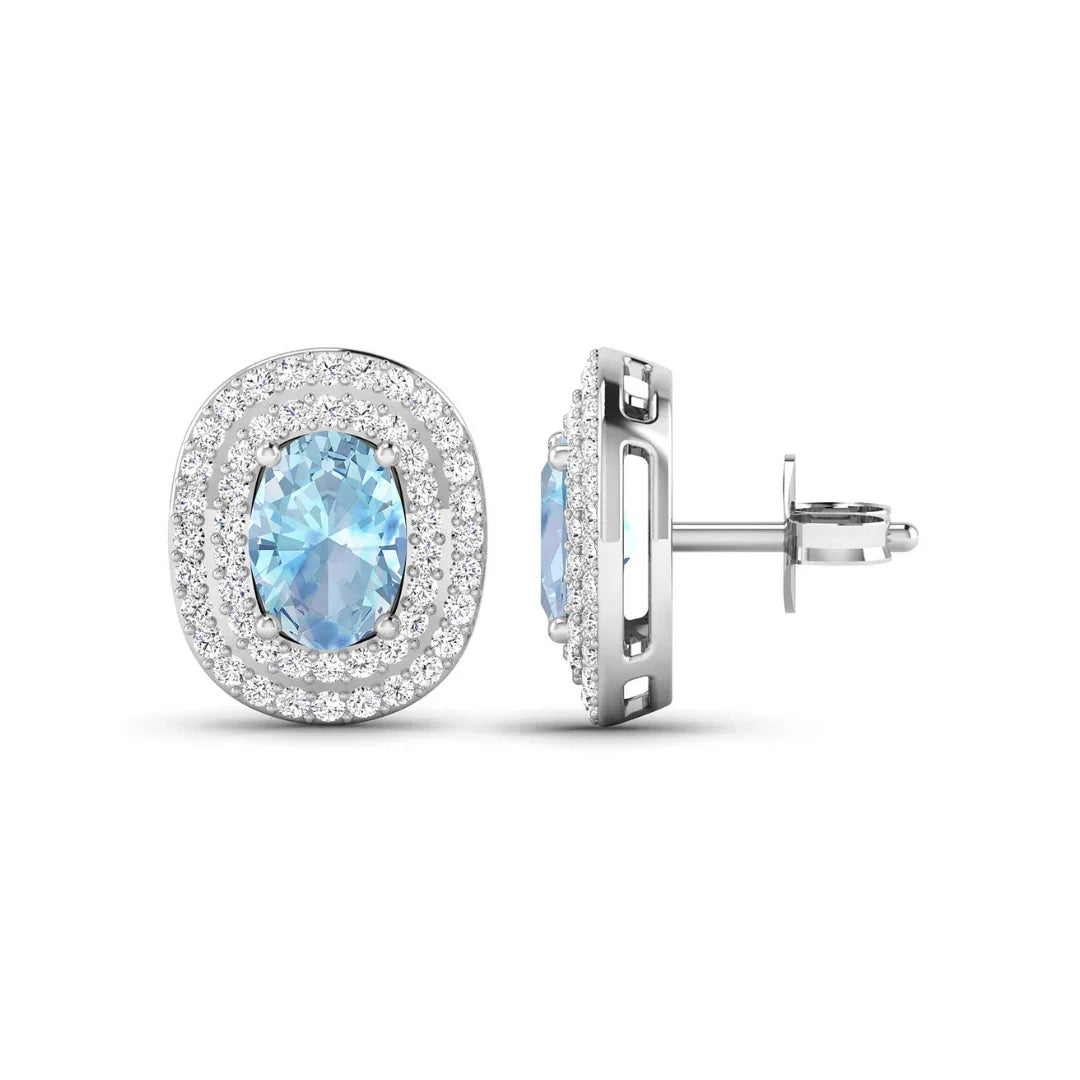 Genuine Diamond and Aquamarine Oval Stud Earrings