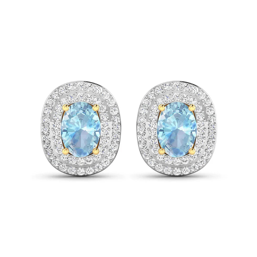 Genuine Diamond and Aquamarine Oval Stud Earrings