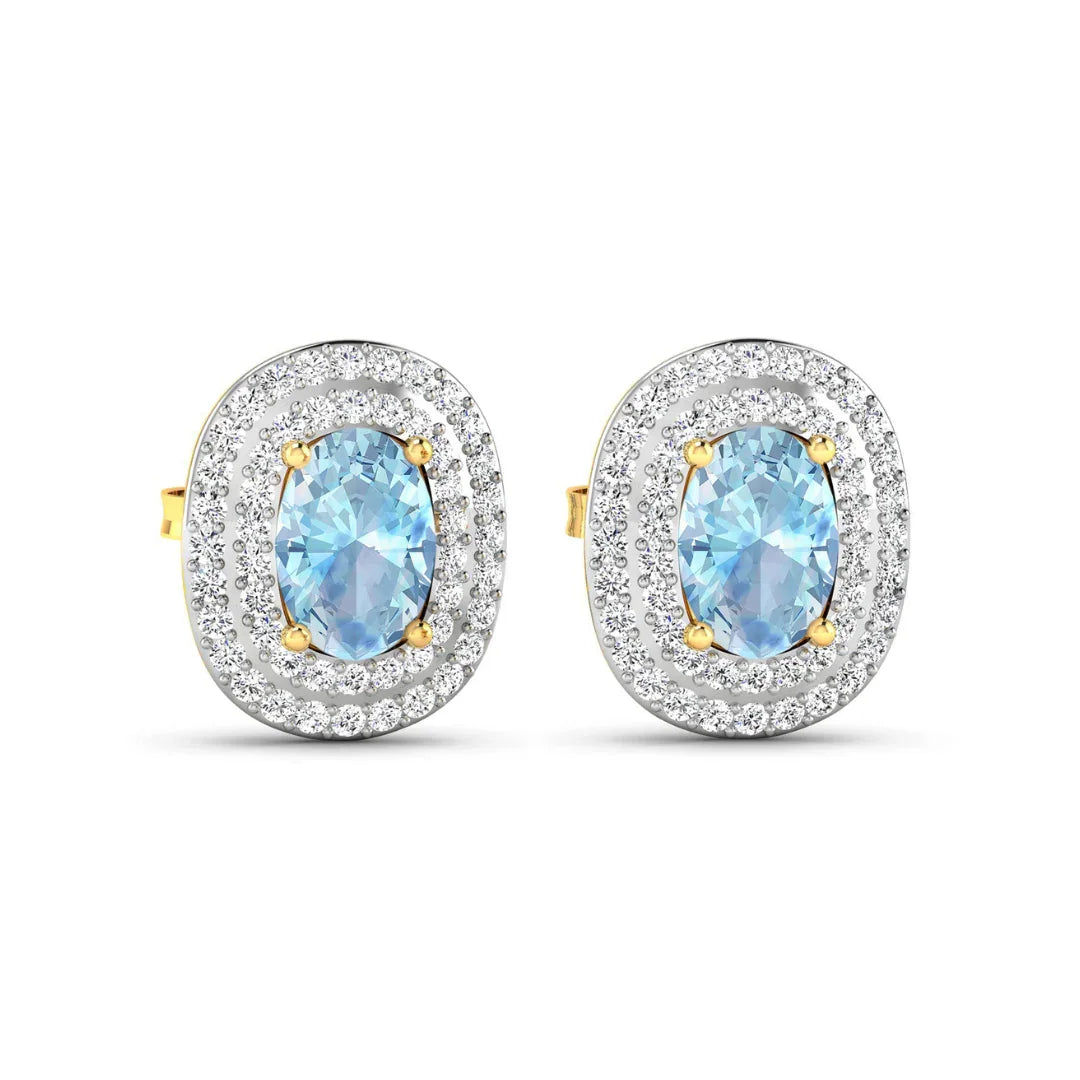Genuine Diamond and Aquamarine Oval Stud Earrings