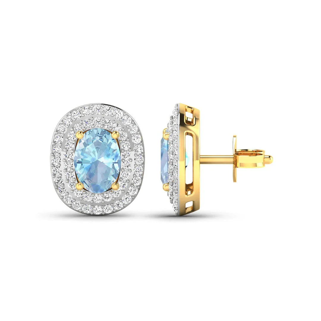 Genuine Diamond and Aquamarine Oval Stud Earrings