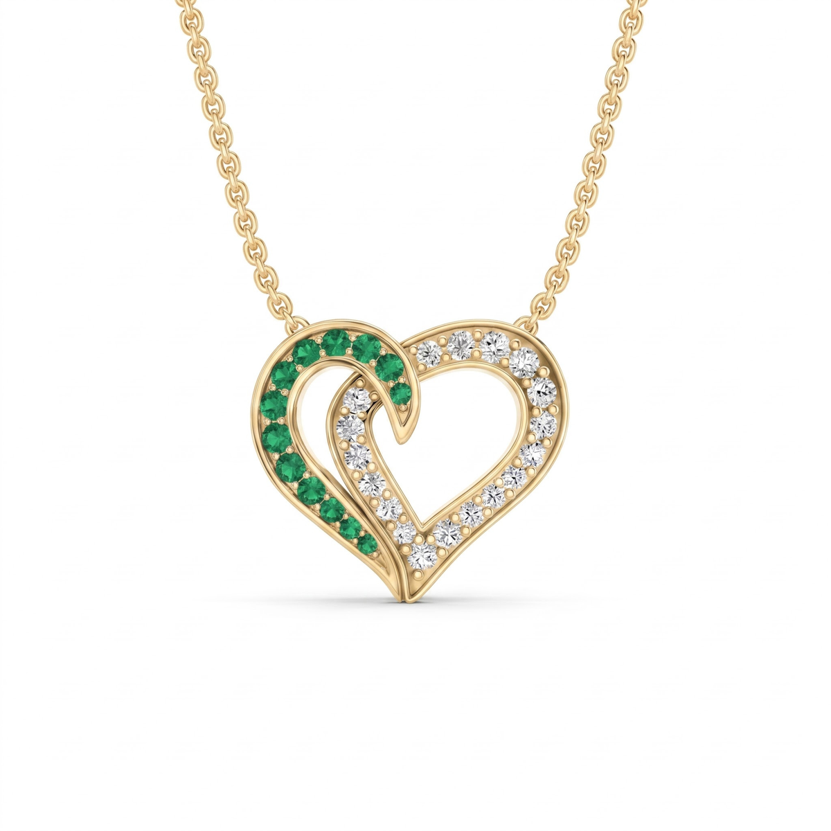 0.64 Cttw Round Green Emerald and Lab Grown Diamond 14K Gold Pave Open Heart Pendant Necklace