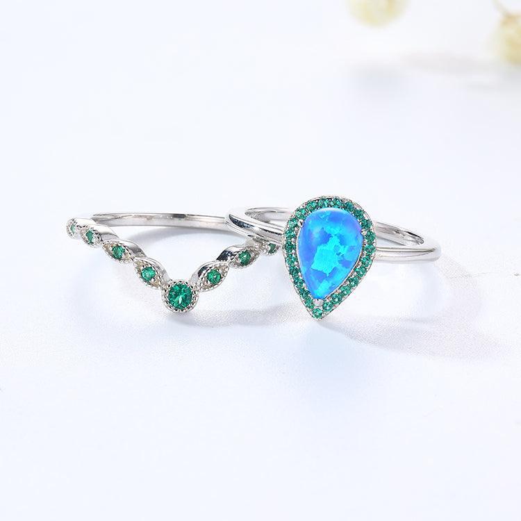 Blue Opal Teardrop Stackable Ring Rhodium Plated 925 Sterling Silver October Birthday Gift - FineColorJewels
