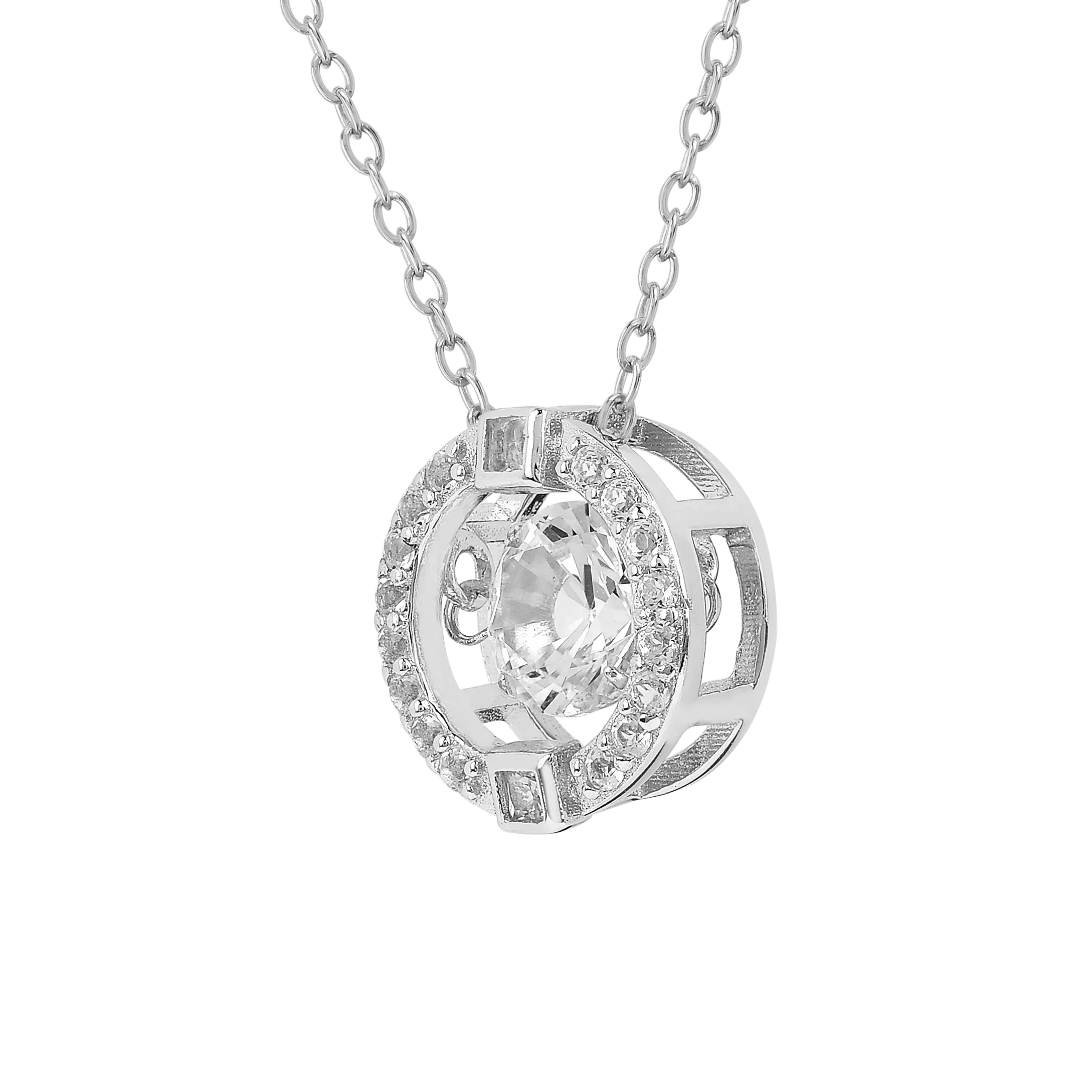 Collar con halo de zafiro blanco y piedra danzante