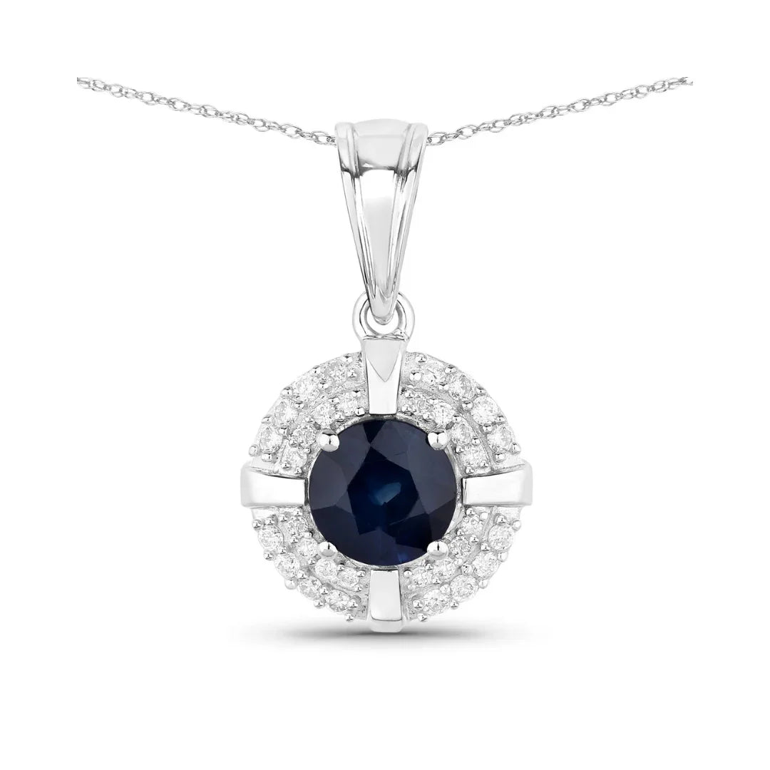Genuine 10K Blue Sapphire Diamond Halo Pendant